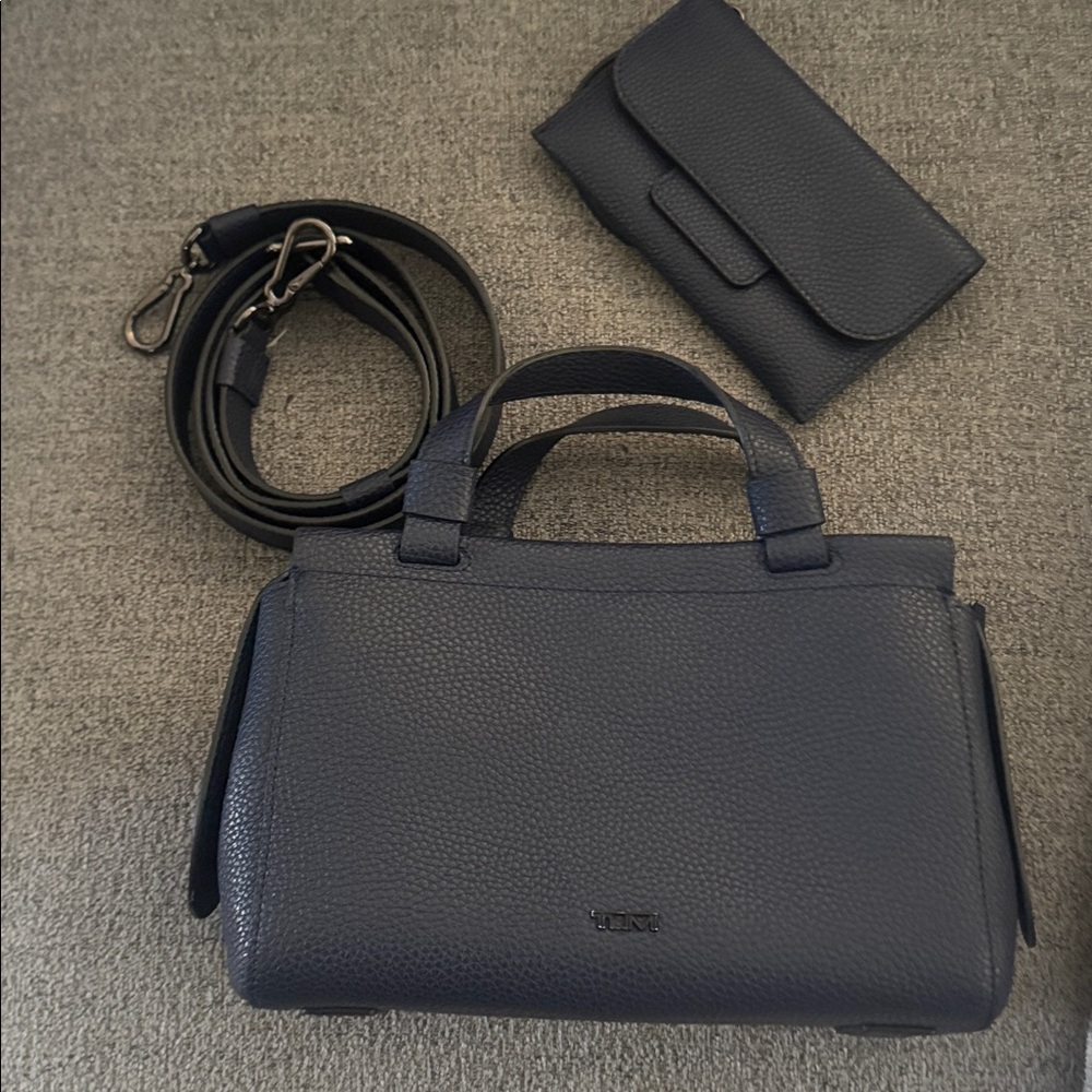 Tumi “Gracie” Crossbody in Navy Leather with Black Accents